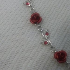 necklace red rose and silver euc